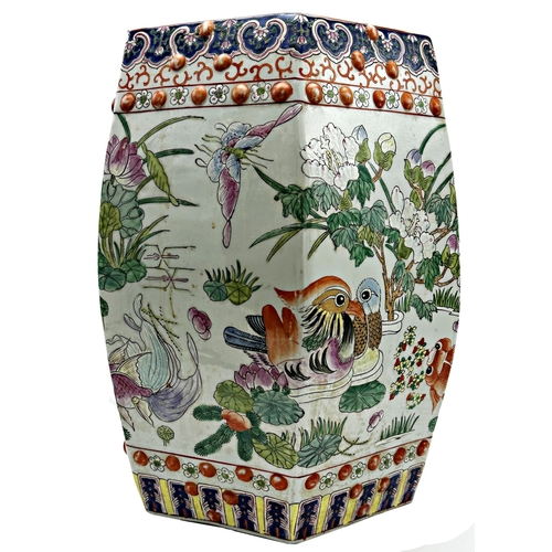 535 - Chinese porcelain hexagonal garden seat, enamelled with fish, ducks and lotus flowers, 46cm high x 3... 