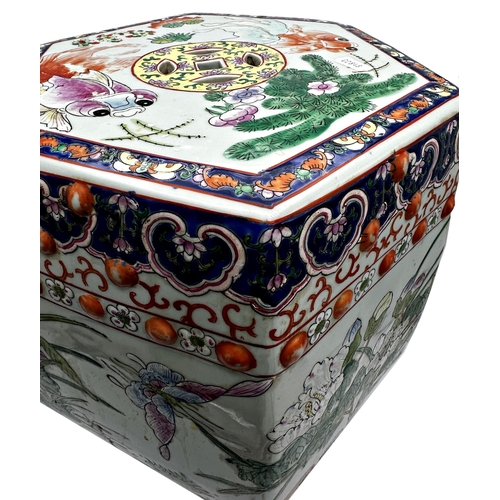 535 - Chinese porcelain hexagonal garden seat, enamelled with fish, ducks and lotus flowers, 46cm high x 3... 