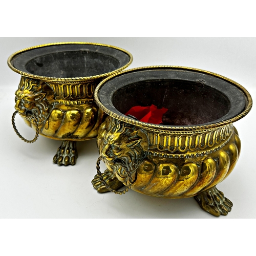 647 - Good quality pair of 19th century half fluted brass jardinieres with twin lionhead ring handles, paw... 