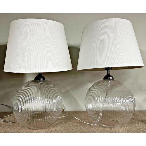 1198 - Pair of modern fluted clear glass table lamps with shades, 59cm high including  shade