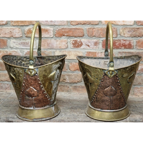 629 - Pair of antique copper and brass Arts and Crafts style coal buckets, with embossed tulip detail and ... 