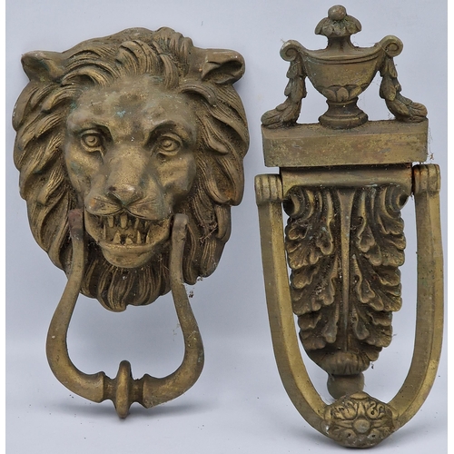 646 - Antique cast brass lionhead door knocker, 20cm, together with a further neo classical knocker mounte... 