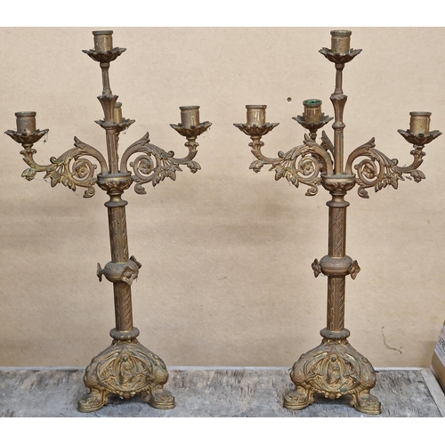 648 - Pair of late 19th/early 20th century gilt metal ecclesiastical three branch candelabra, with scrolle... 