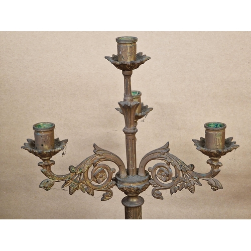 648 - Pair of late 19th/early 20th century gilt metal ecclesiastical three branch candelabra, with scrolle... 