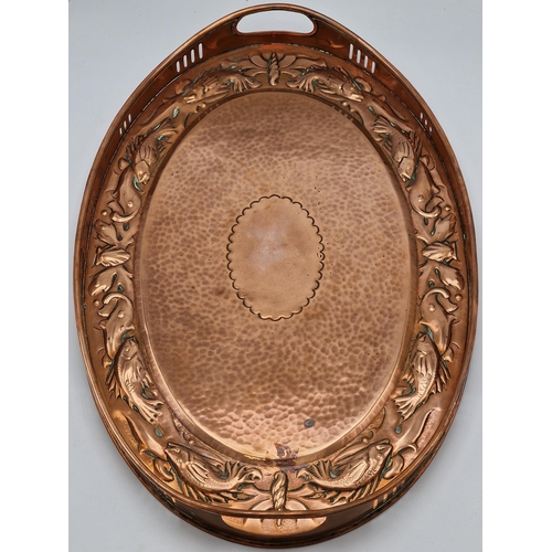 664 - Newlyn copper twin handled gallery tray, raised pierced sides and rim embossed with fish, stamped Ne... 