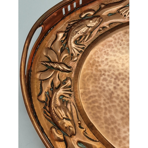 664 - Newlyn copper twin handled gallery tray, raised pierced sides and rim embossed with fish, stamped Ne... 