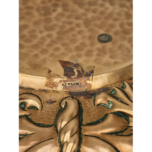 664 - Newlyn copper twin handled gallery tray, raised pierced sides and rim embossed with fish, stamped Ne... 