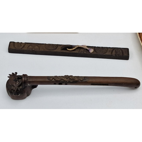 738 - Japanese bronze ink and brush holder with similar scroll weight