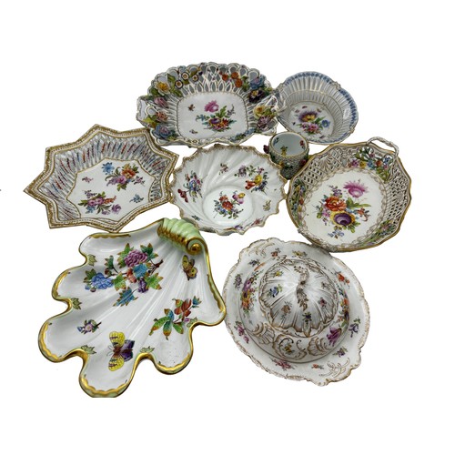 470 - Collection of six Dresden porcelain dishes hand painted with floral bouquets together with a further... 