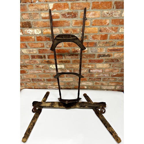 1127 - Antique eastern howdah type twin seat, hardwood and iron construction, 128cm long with a further pro... 