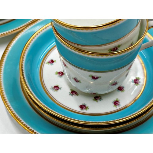 439 - Cauldon Ltd porcelain part tea service, decorated with roses with turquoise and gilt boarders, with ... 