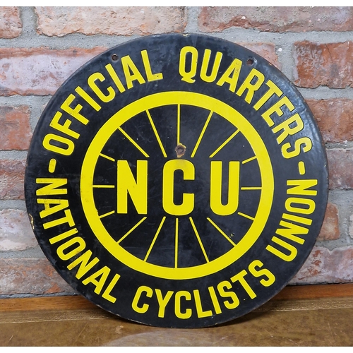 1023 - Advertising - National Cyclists Union (NCU), twin sided enamel sign, yellow text on black, 46cm diam... 