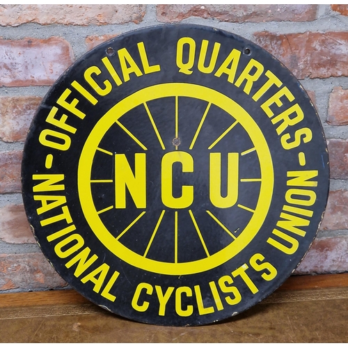 1023 - Advertising - National Cyclists Union (NCU), twin sided enamel sign, yellow text on black, 46cm diam... 