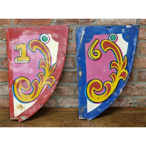 1024 - Two vintage sheet metal hand painted fairground signs/panels, numbered 1 and 6, 55cm long (2)