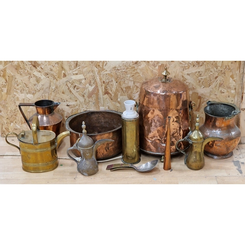 657 - Mixed collection of antique and later brass and copperware to include a lidded log bin, brass wateri... 