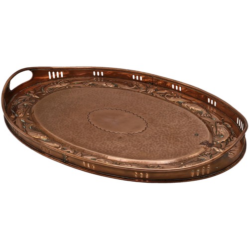 664 - Newlyn copper twin handled gallery tray, raised pierced sides and rim embossed with fish, stamped Ne... 