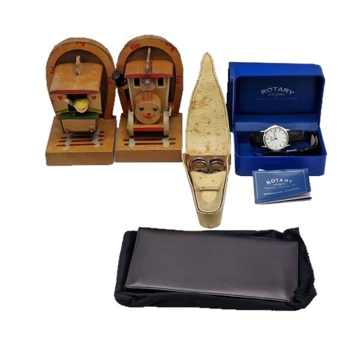 739 - Mixed lot comprising cased Rotary wristwatch, Launer wallet, vanity set and bookends (a collection)