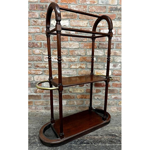 2321 - Good late 19th century mahogany hallstand, with turned frame flanked by brass rail stick or umbrella... 