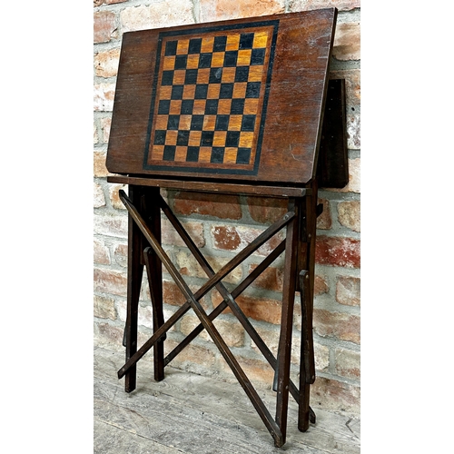 2322 - Charles Allen Jones - Hatherley Patent folding easel games table, in the campaign manner, chequerboa... 