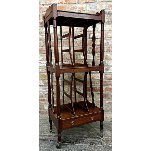 2325 - Regency mahogany three tier folio stand, with single drawer and ceramic caster, 130cm H x 50cm W x 3... 