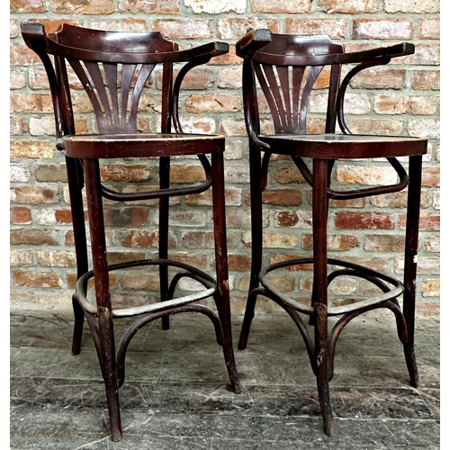 2326 - Pair of early 20th century French stained bentwood barstools, 107cm high