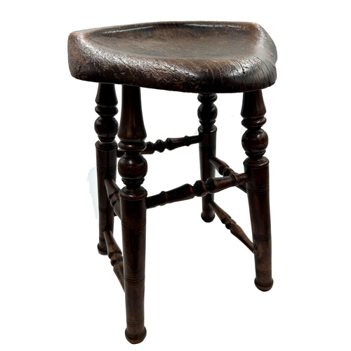 2328 - Early primitive oak top stool, on a good turned frame, 53cm high