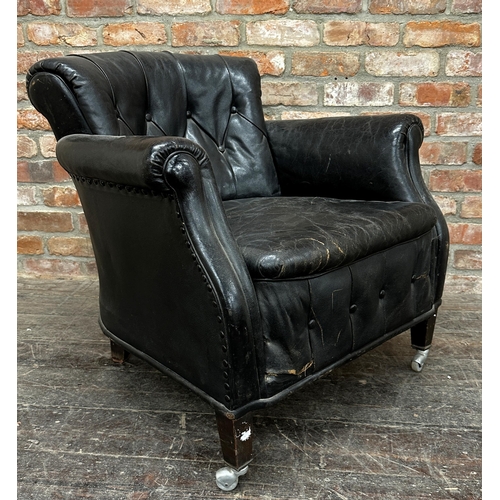 2330 - Good antique leather studded button back club chair, 79cm H x 81cm W