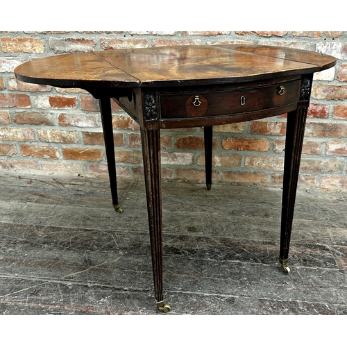 2333 - Late George III flame mahogany oval Pembroke table, single drawer and fluted legs, 69cm H x 76cm D x... 