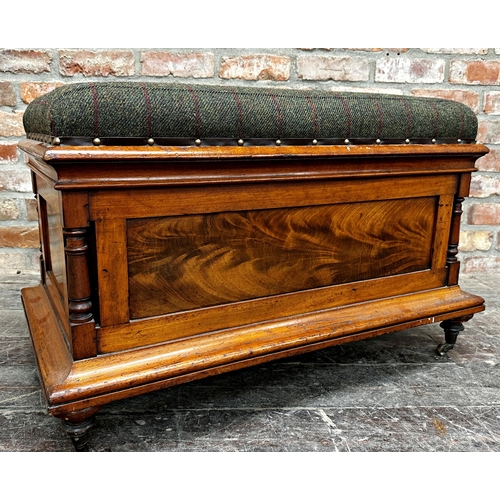 2334 - William IV flame mahogany box ottoman, with studded tweed cushion top, four pillar supports and bras... 