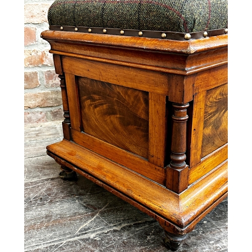 2334 - William IV flame mahogany box ottoman, with studded tweed cushion top, four pillar supports and bras... 