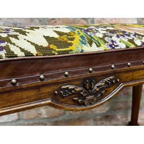 2335 - 19th century French high woolwork footstool, cabriole legs on paw feet, 56cm H x 108cm L