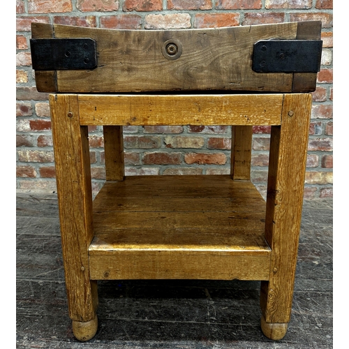 2336 - Good antique butchers block, the top with iron strapwork and perfect patina, on a waxed pine base, 6... 