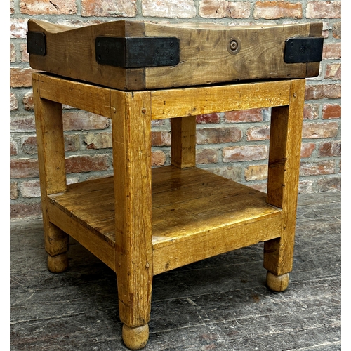 2336 - Good antique butchers block, the top with iron strapwork and perfect patina, on a waxed pine base, 6... 