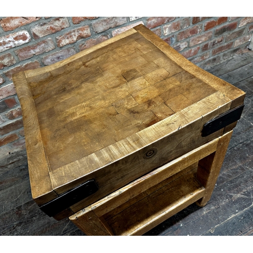 2336 - Good antique butchers block, the top with iron strapwork and perfect patina, on a waxed pine base, 6... 