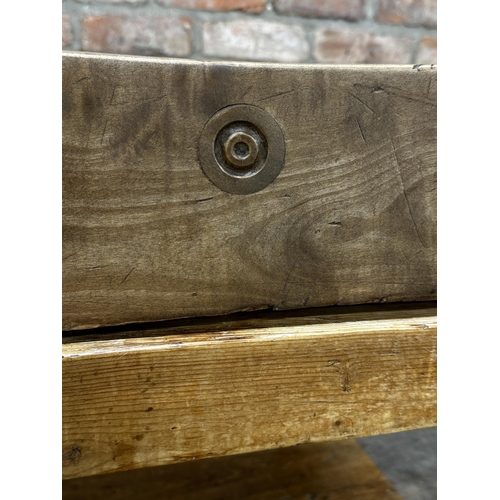 2336 - Good antique butchers block, the top with iron strapwork and perfect patina, on a waxed pine base, 6... 