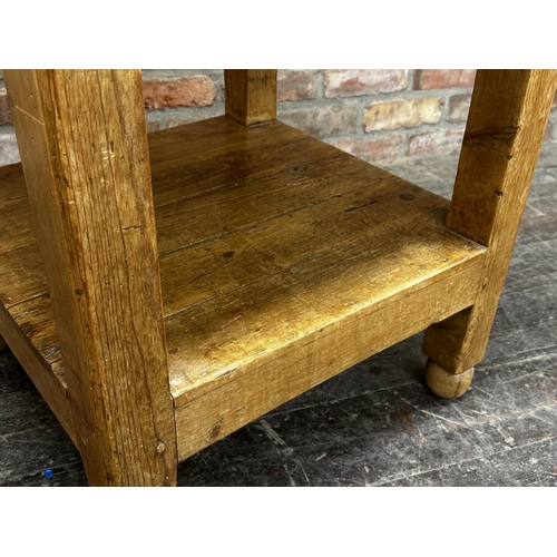 2336 - Good antique butchers block, the top with iron strapwork and perfect patina, on a waxed pine base, 6... 