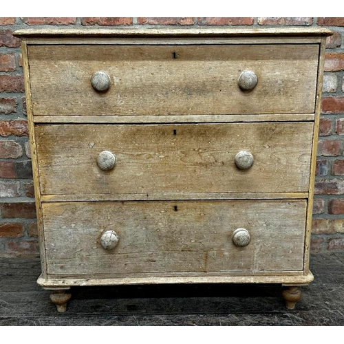 2339 - Victorian stripped pine chest of drawers, on turned feet, 93cm H x 92cm W x 52cm D