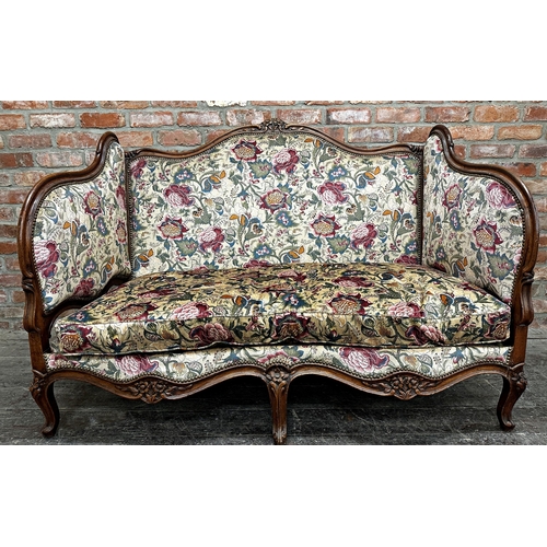 2340 - Good quality French turn of the century show wood frame salon sofa with expensive floral fabric upho... 