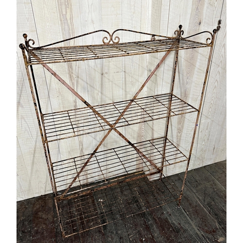 2341 - 19th century French industrial wirework four tier bakers rack, with original paint, 135cm H x 94cm W... 