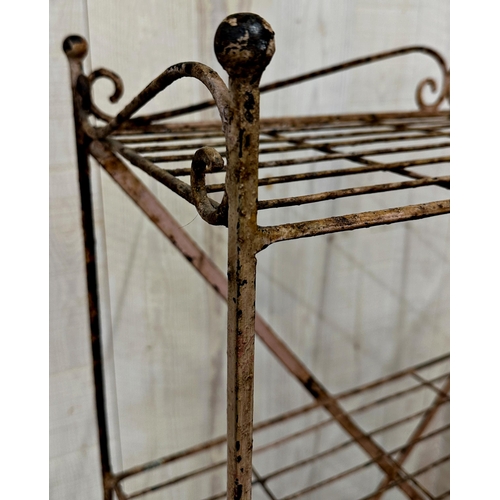 2341 - 19th century French industrial wirework four tier bakers rack, with original paint, 135cm H x 94cm W... 