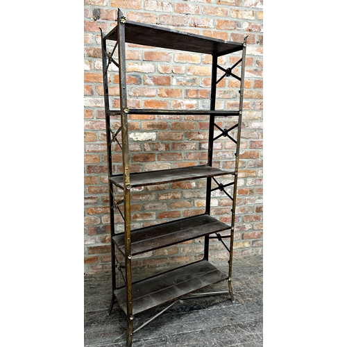 2342 - Exceptional 19th century Continental industrial painted steel bookcase, with applied gilt flowers, 8... 