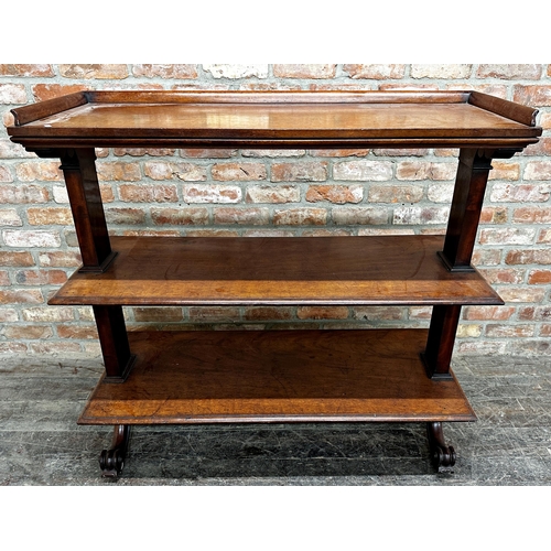 2344 - William IV mahogany three tier buffet, raised sloped gallery and Corinthian column type supports, 11... 