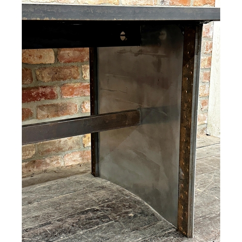 2345 - Cool bespoke industrial refectory table, aluminium with iron frame and copper stud work, 214 L x 92c... 