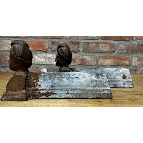 304 - Interesting pair of cast iron fire dogs with Sikh gentleman bust mounts, 33cm long (2)