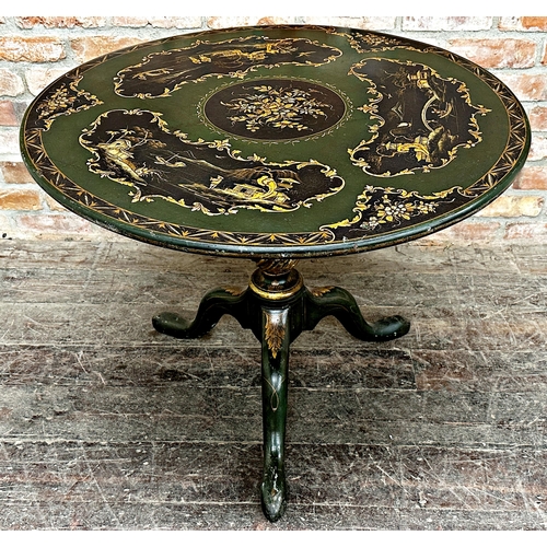 2353 - 19th century bird cage tilt top tripod table with lacquered chinoiserie detail, H 71cm x W 91cm