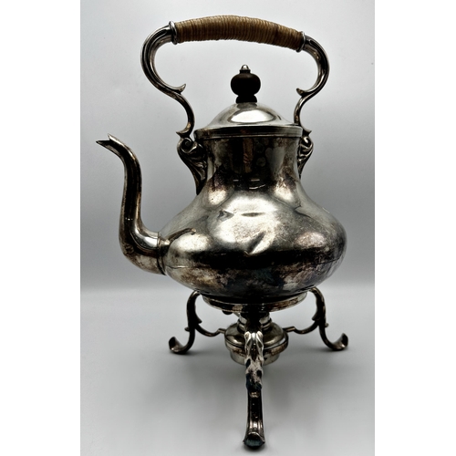 1241 - Silver plated spirit kettle with a wicker handle, H 38cm