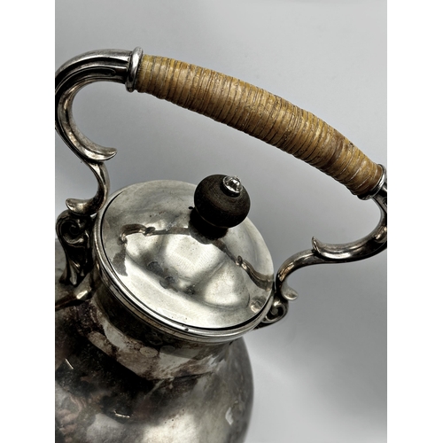 1241 - Silver plated spirit kettle with a wicker handle, H 38cm