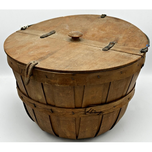 377 - Wooden lidded butter basket with twin hinged lid and handle, H 25cm, D 36cm