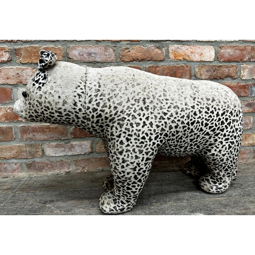 378 - Vintage large, heavy stuffed toy bear in a leopard print fabric (AF), L 82cm, H 56cm