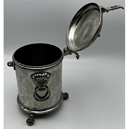 308 - Unusual 19th century continental pewter lidded barrel with grotesque mask twin ring handles and claw... 